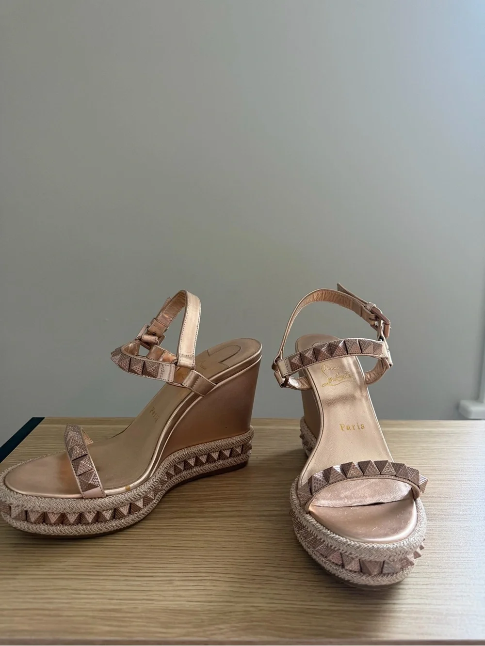 Christian Louboutin Rose Gold Studded Espadrille Wedges